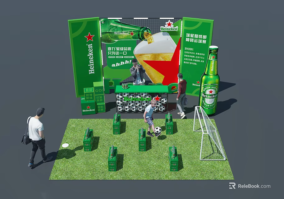 Heineken Themed Photo Spot With Football Goal Green Booth And Beer Crates On Grass 3d model 