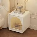 Modern White Bedside Table With Arched Ribbed Door Gold Handle And Books Decorative Item