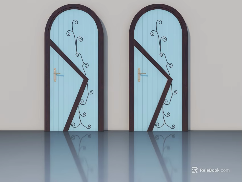 Blue Hinged Doors With Dark Frame Black Vine Patterns And Golden Handles 3d model