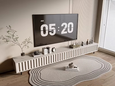Modern Minimalist TV Stand With Flat Screen TV Decorative Items Green Plant And Rug 3d model