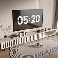 Modern Minimalist TV Stand With Flat Screen TV Decorative Items Green Plant And Rug