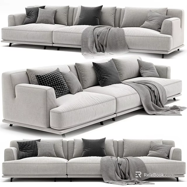 Modern Minimalist Light Gray Three-Seater Sofa With Decorative Pillows And Throw Blanket 3d model
