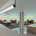 Modern Billiard Room Interior With Pool Tables Red Chairs And Colorful Lighting