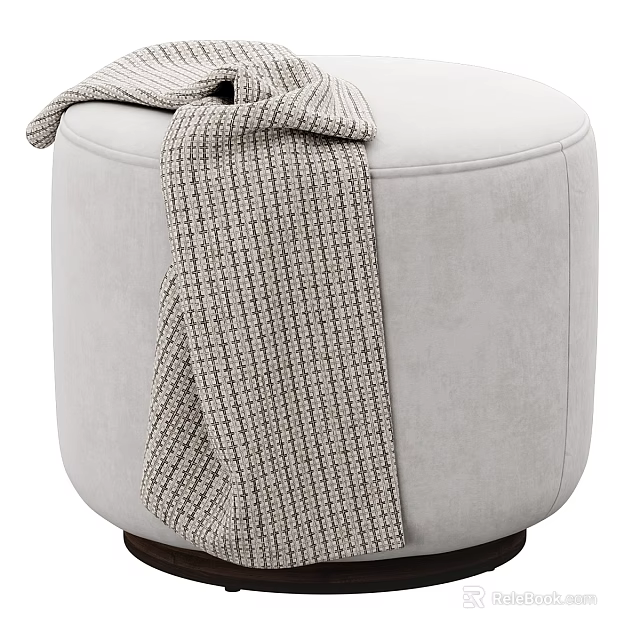 Light Gray Upholstered Round Ottoman With Knitted Plaid Blanket And Dark Wooden Base 3d model 