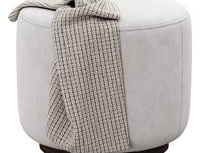 Light Gray Upholstered Round Ottoman With Knitted Plaid Blanket And Dark Wooden Base 3d model