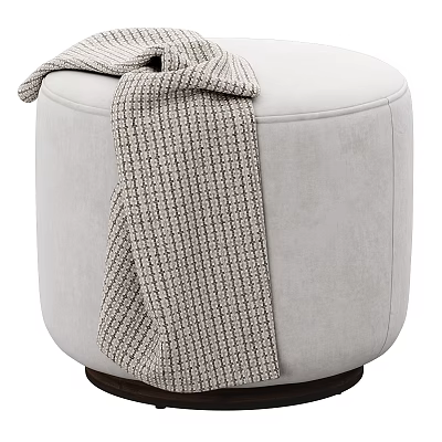 Light Gray Upholstered Round Ottoman With Knitted Plaid Blanket And Dark Wooden Base 3d model