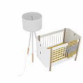White Kids Bed with Wooden Legs Yellow and Grey Striped Blanket and White Floor Lamp