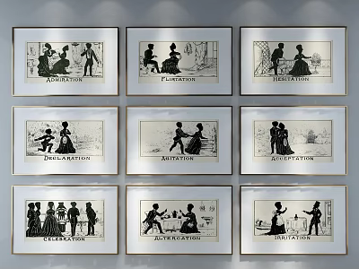 Vintage Black and White Figure Paintings with Flirtation Rejection Engagement Scenes in Framed 3d model