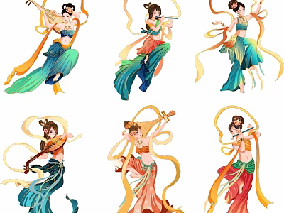 Dunhuang Feitian Pendants Featuring Female Figures with Musical Instruments Flowing Ribbons and Traditional Costumes 3d model