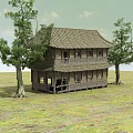 Traditional Chinese Wooden Two Story Building With Tile Roof And Trees On Grassland