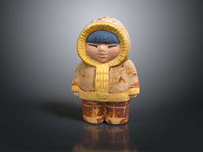 Woman Doll In Yellow Hooded Coat With Textured Details Blue Hair Standing On Dark Background 3d model
