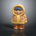 Woman Doll In Yellow Hooded Coat With Textured Details Blue Hair Standing On Dark Background