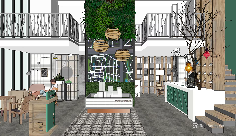 Modern Sales Office Interior Design With Green Wall Hanging Lights Bookshelves And Reception Desk 3d model 
