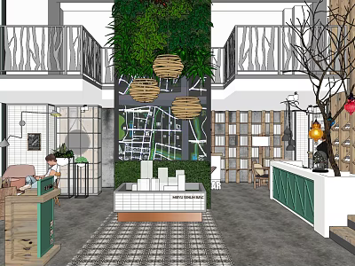 Modern Sales Office Interior Design With Green Wall Hanging Lights Bookshelves And Reception Desk 3d model