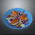 Fresh Salmon Slices with Red Onion Rings and Lemon Slices on Blue Polka Dot Plate