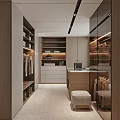 Modern Walk in Closet Interior Design With Wooden Cabinets Glass Doors And Hanging Rails
