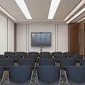 Modern Conference Room With Wooden Table Grey Chairs Bookshelf And Window Blinds