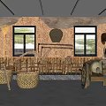 Rural Farm Tools Display Space With Bamboo Furniture Wooden Cart And Wall Decorations
