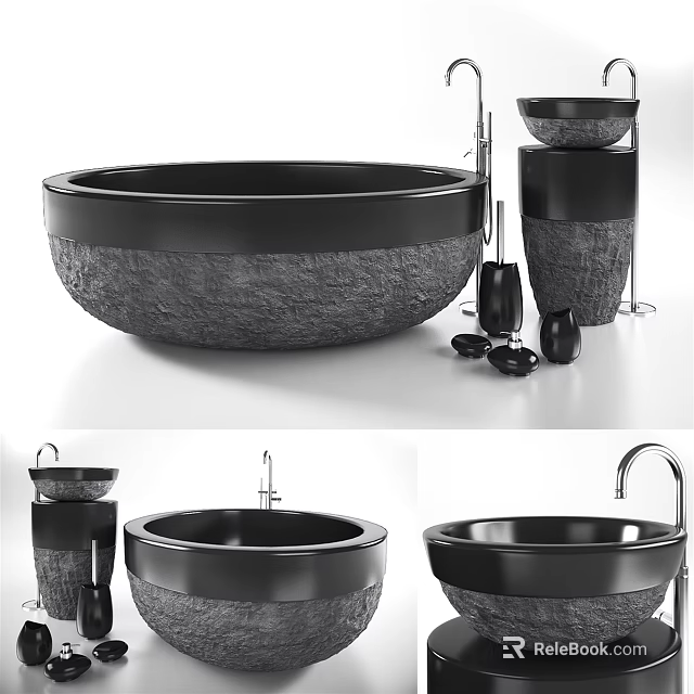 Modern Black Stone Round Washbasin Design With Faucet Soap Dispenser And Accessories 3d model 