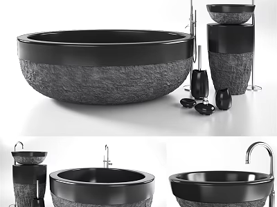 Modern Black Stone Round Washbasin Design With Faucet Soap Dispenser And Accessories 3d model