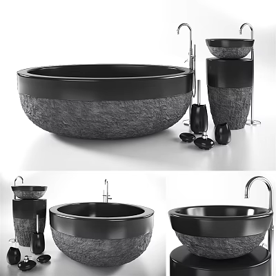 Modern Black Stone Round Washbasin Design With Faucet Soap Dispenser And Accessories 3d model
