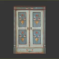 Vintage Blue Green Cabinet With Hand Painted Floral Designs And Red Trim