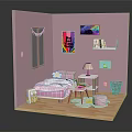 Cartoon Style Pink Bedroom With Bed Desk Lamp Bookshelf And Decorative Posters