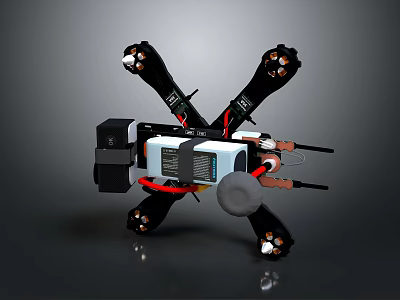 Black And White Robotic Mechanical Assembly With Multiple Arms Red Cables And Sensors 3d model