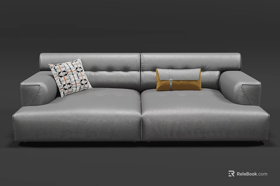 Gray Leather Two Seater Sofa With Geometric Patterned And Brown Decorative Pillows 3d model