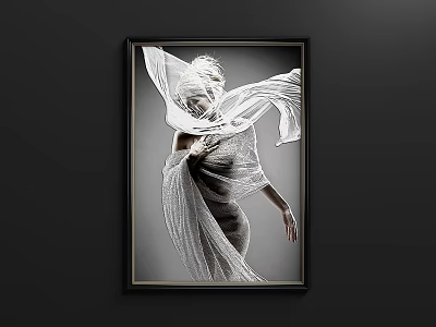 Black and White Figure Painting With Flowing Sheer Fabric In Black Frame On Dark Background 3d model