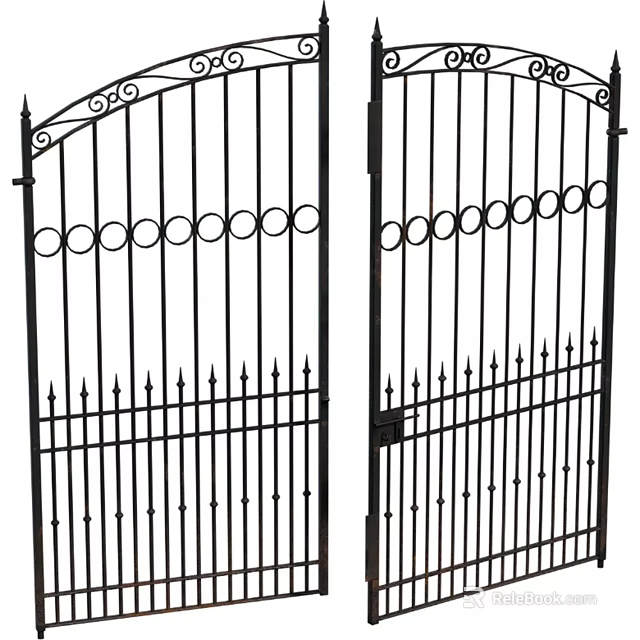 Black Wrought Iron Gates With Arched Top Circular Patterns And Spiked Bottom 3d model 
