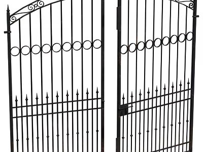Black Wrought Iron Gates With Arched Top Circular Patterns And Spiked Bottom 3d model