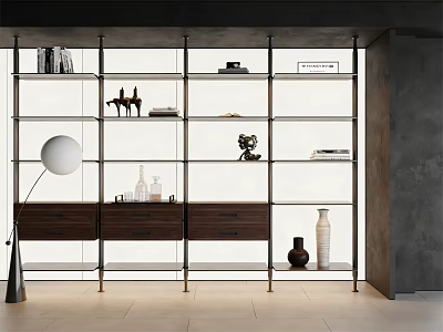 Modern Room Divider Cabinet With Glass Shelves Wooden Drawers And Decorative Items 3d model
