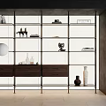 Modern Room Divider Cabinet With Glass Shelves Wooden Drawers And Decorative Items