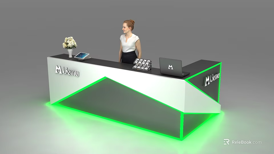 Modern Luxury Reception Desk With Green Lighting Laptop Tablet And Receptionist 3d model