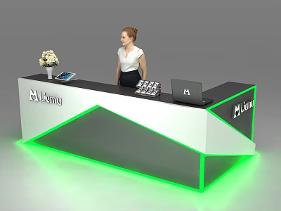 Modern Luxury Reception Desk With Green Lighting Laptop Tablet And Receptionist 3d model