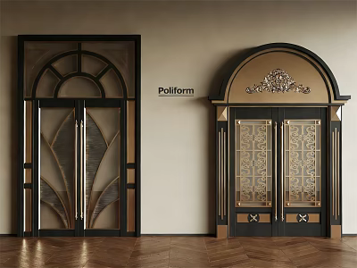 Modern And Classic Double Doors With Arched Top Golden Decoration And Patterned Glass 3d model