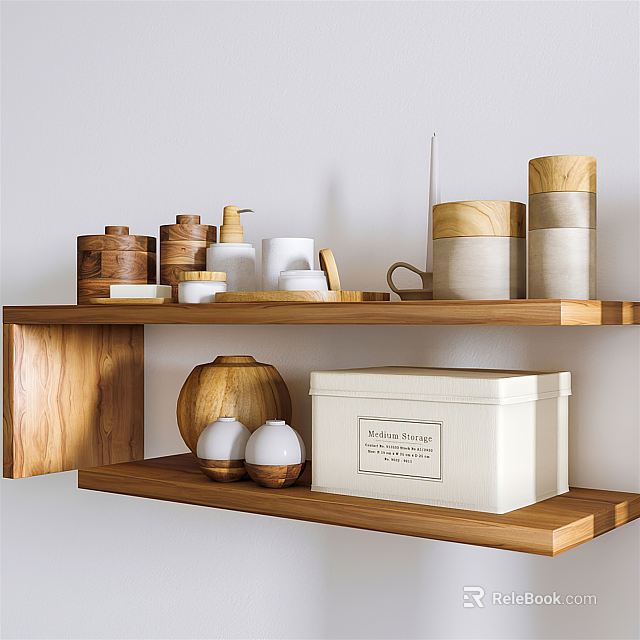 Stylish Kitchenware Display On Wooden Shelf With Canisters Jars And White Storage Box 3d model 