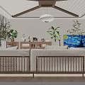 Modern Japanese Dining Living Room Interior With Wooden Ceiling Pendant Light And Bookshelf