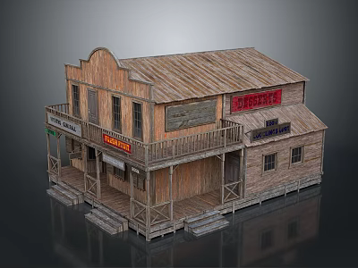 Old Western Style Wooden Building With Balcony Stairs And Vintage Signage 3d model