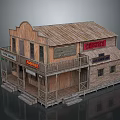Old Western Style Wooden Building With Balcony Stairs And Vintage Signage