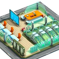 Cartoon Futuristic Interior Scene with Transparent Pods Green Lights Orange Chairs Desktops and Red Boxes