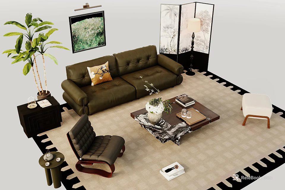 Stylish Dark Green Sofa Coffee Table Combination With Vase Accent Chair And Wall Art Decor 3d model 
