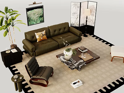Stylish Dark Green Sofa Coffee Table Combination With Vase Accent Chair And Wall Art Decor 3d model