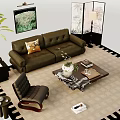 Stylish Dark Green Sofa Coffee Table Combination With Vase Accent Chair And Wall Art Decor