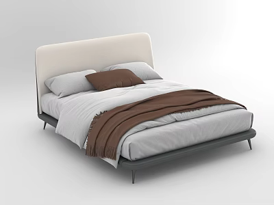 Modern Upholstered Double Bed With White Headboard Gray Sheets And Brown Blanket 3d model