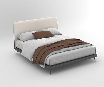 Modern Upholstered Double Bed With White Headboard Gray Sheets And Brown Blanket 3d model
