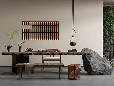 Traditional Tea Room Interior With Wooden Table Tea Sets And Natural Stone Decor 3d model