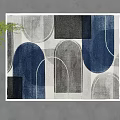 Modern Square Area Rug With Navy Blue Gray Black And White Geometric Patterns
