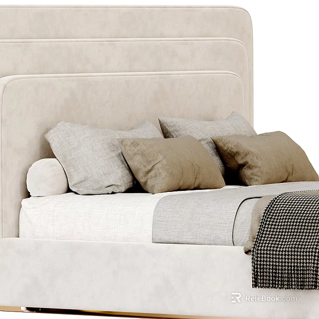 Double Bed with Beige Headboard Gray and Brown Pillows White Sheets and Checkered Blanket 3d model 